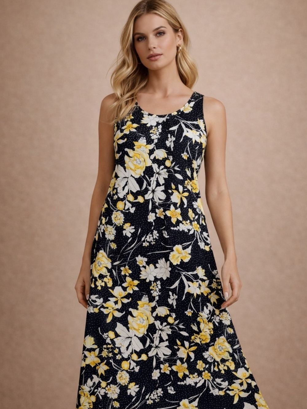 SJS Navy Yellow Floral Sleeveless Midi Dress Women’s Chic Summer Dress Size L